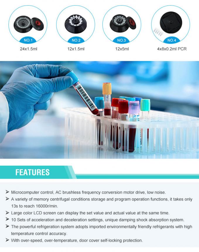 TGL-16 طاولة أعلى الطرد المركزي التبريد، 90ml عالية السرعة الطرد المركزي مع الدوار الزاوية من 1.5ml / 2.2ml أنابيب 1